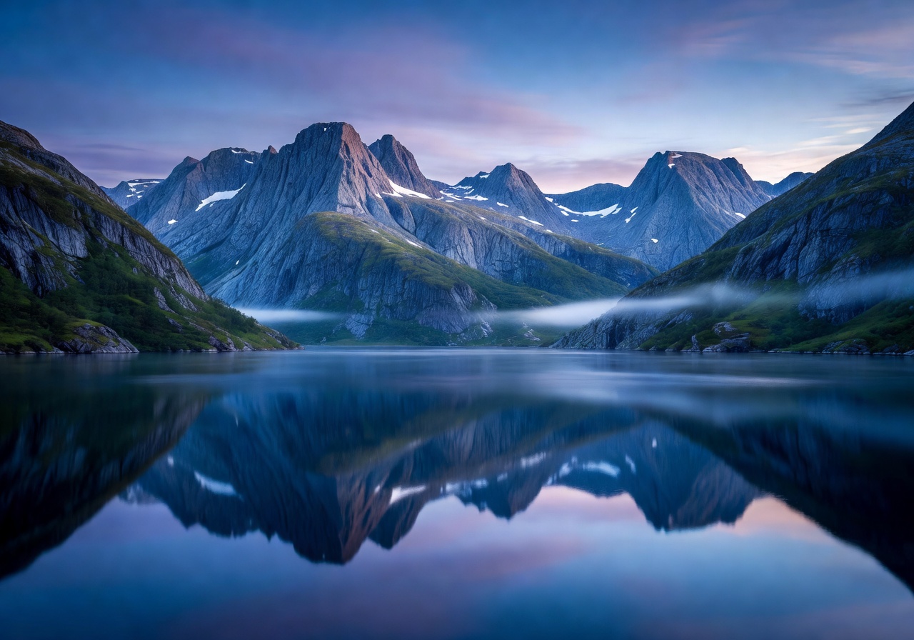 Cinematic Norwegian mountain and fjord landscape at midnight