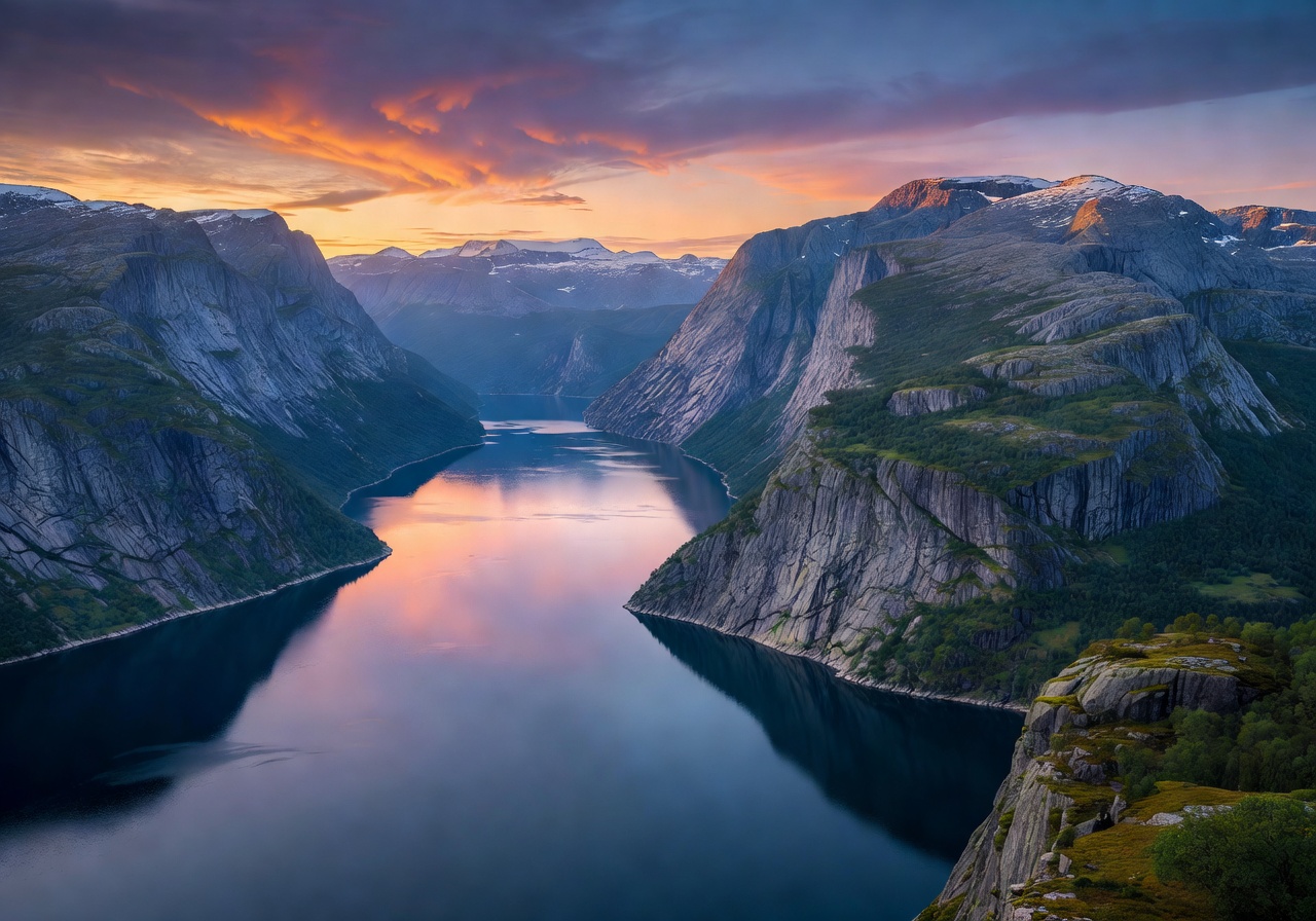 Majestic Norwegian fjord at dusk