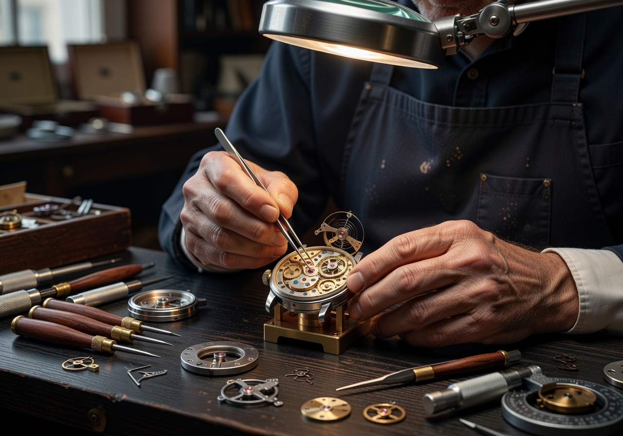 Master watchmaker handcrafting a Glintvemor luxury watch