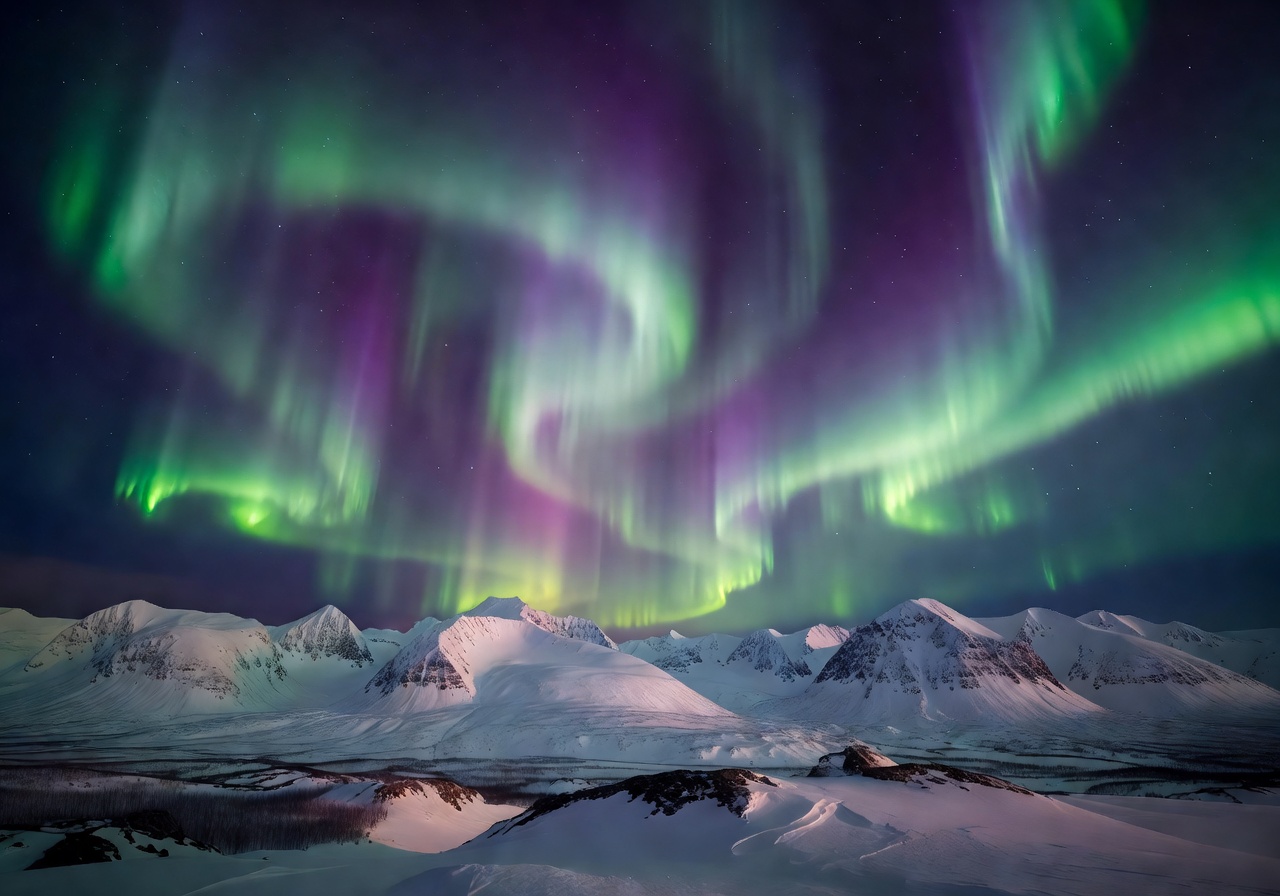 Northern lights aurora borealis glowing over snow covered mountains