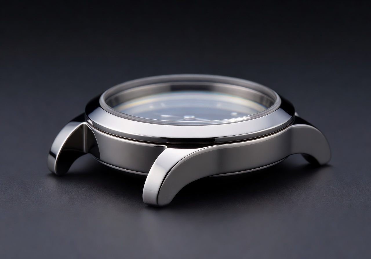 Polished stainless steel luxury watch case and sapphire crystal