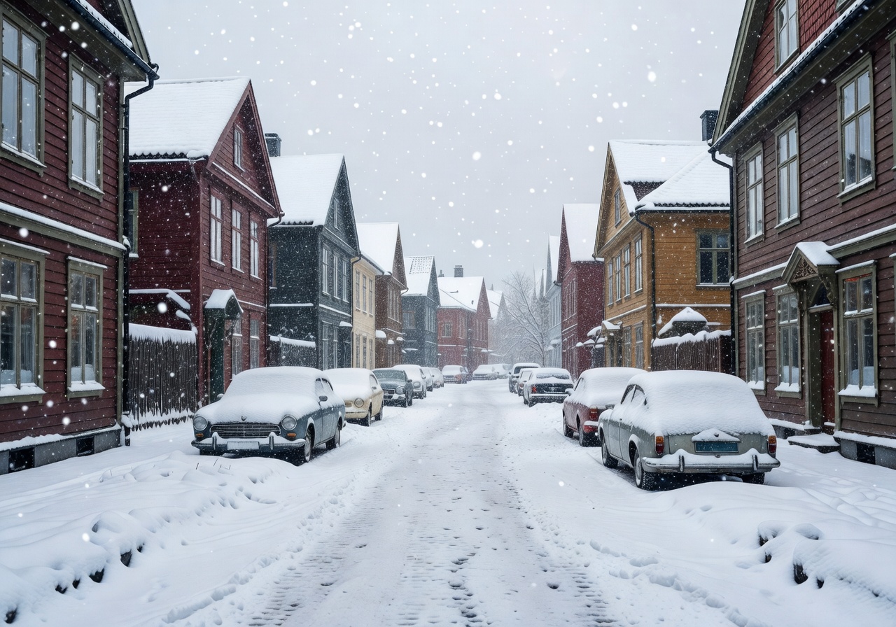 Snowy street scene in winter Oslo, Norway